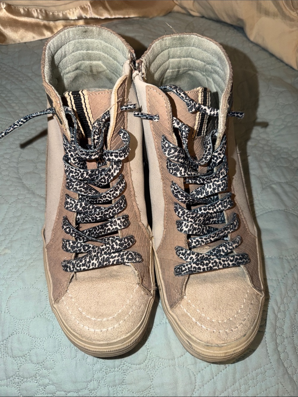 Beige High-Top Sneakers with Leopard Laces shu shop